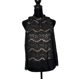 Womens Black Lace Mesh Top Size L Mock Neck Romantic Gothic‎ Dark Feminine